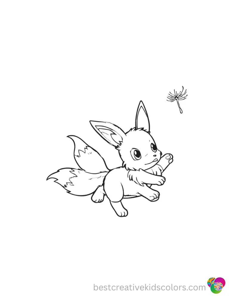 eevee coloring page displays a small fox-like friend chasing a floating dandelion seed.