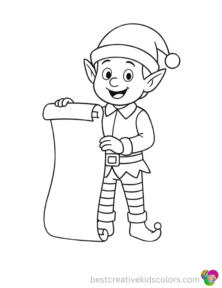 elf colouring page displays the happy elf proudly holding a long blank paper scroll.