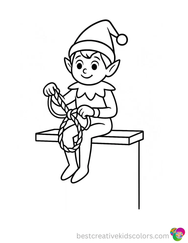 elf on a shelf coloring page displays the little elf carefully tying a thick string.