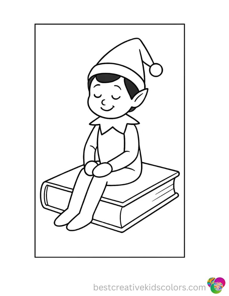 elf on a shelf coloring pages features the happy elf resting softly on a thick book.