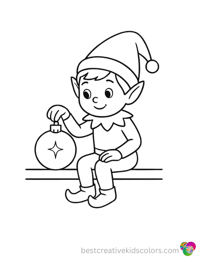 elf on shelf coloring page shows the curious elf gently touching a shiny round bauble.