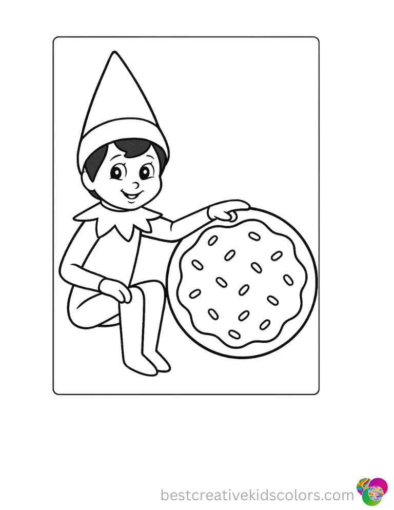  elf on the shelf coloring pages shows the elf pointing at a big frosted sugar cookie.