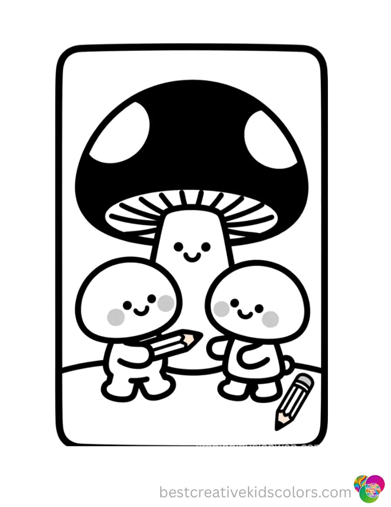 A sharp sketching pencil inside free mushroom coloring pages outlines a thick border.