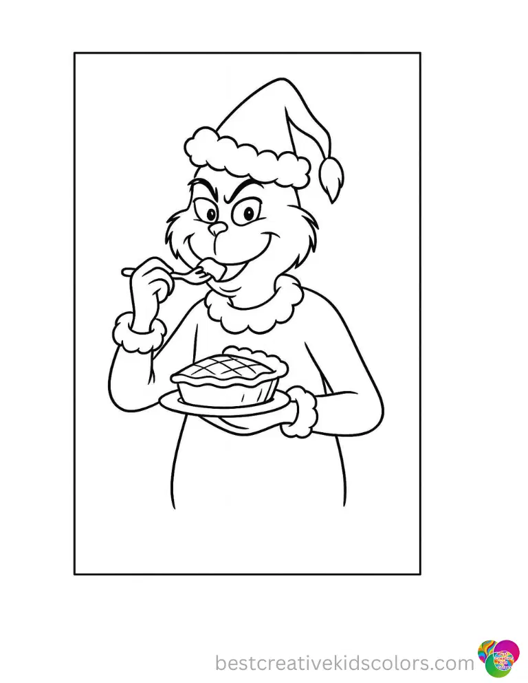 free printable printable christmas grinch grinch coloring pages shows the grinch eating pie.