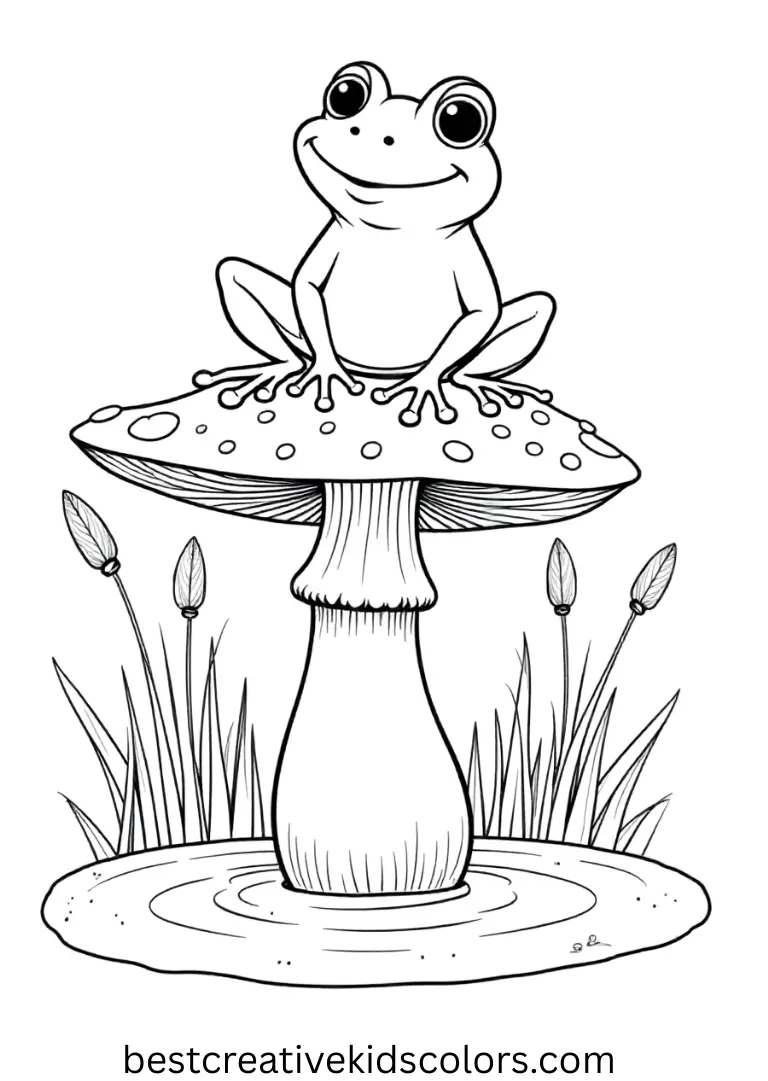 Frog and mushroom coloring pages feature a frog resting on a mushroom beside a pond.