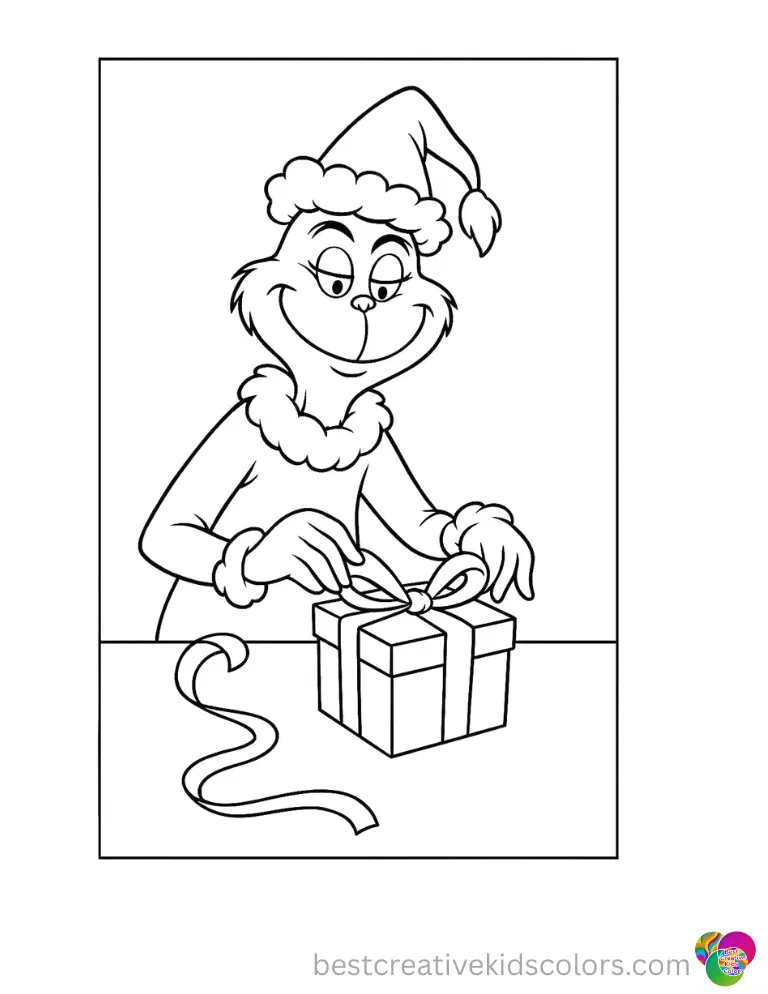 grinch christmas coloring pages shows the happy grinch safely wrapping a small box.