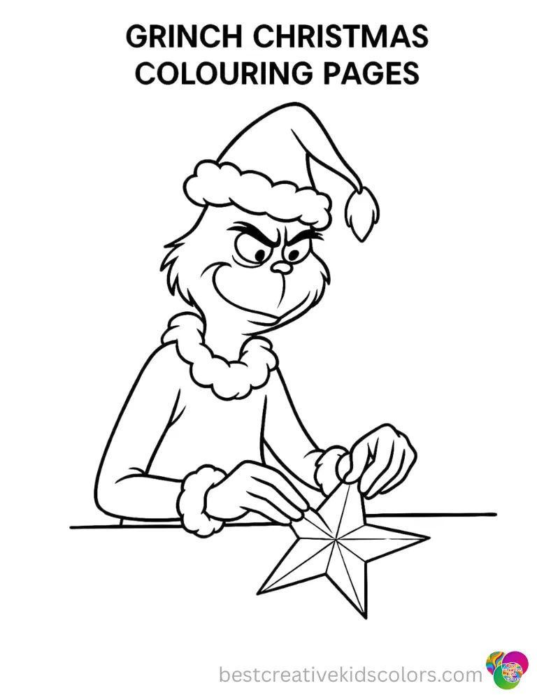grinch christmas colouring pages features the grinch carefully folding a paper star.