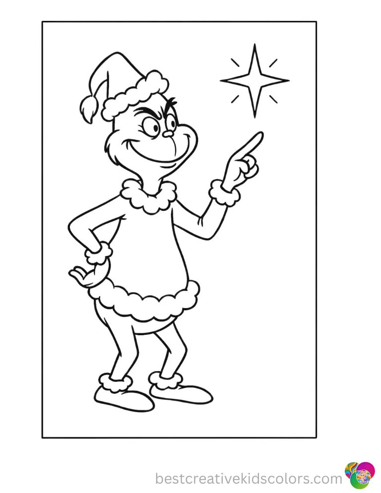 grinch coloring pages features the grinch pointing at a bright yellow twinkling star.
