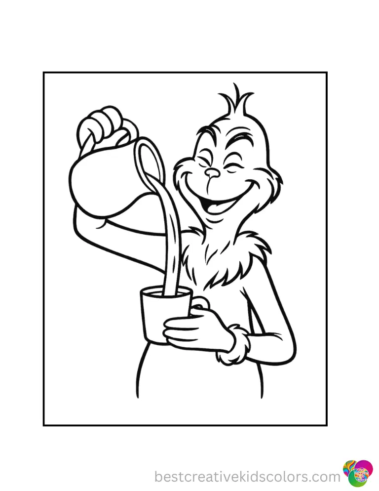 A joyful grinch in grinch coloring sheet smoothly pours fresh cold water into a cup.