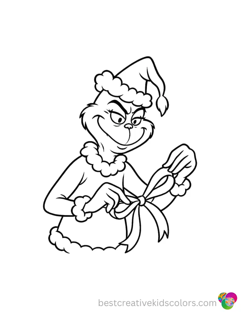 grinch who stole christmas coloring pages shows the grinch smoothly tying a red ribbon.