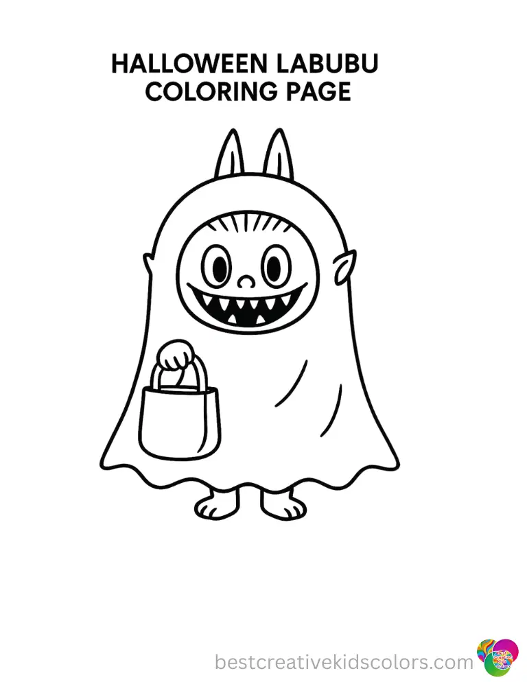 halloween labubu coloring page shows Labubu wearing a white ghost sheet and holding a bag.