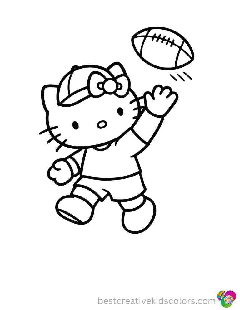 A sporty Hello Kitty in hello kitty coloring page thanksgiving catches a flying football easily.