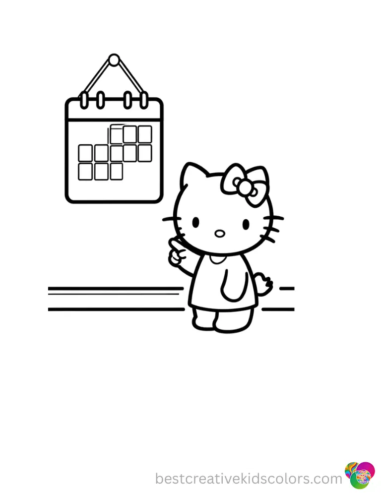 Hello Kitty points a tiny finger at a calendar hanging on the wall in hello kitty coloring pages thanksgiving.