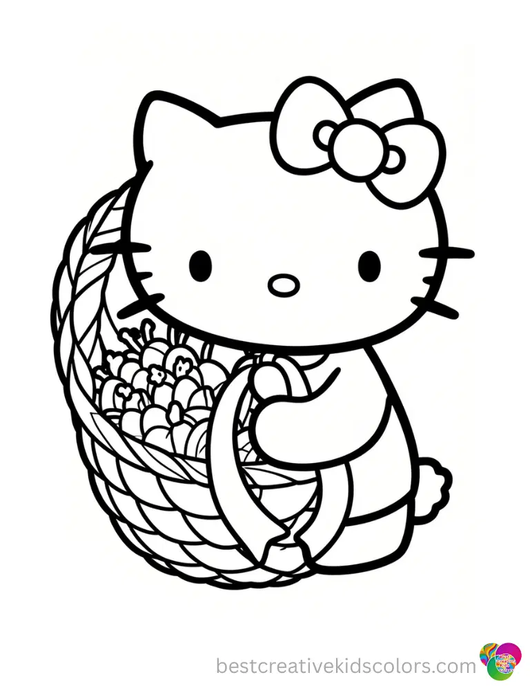 hello kitty thanksgiving coloring page features Hello Kitty tying a silk ribbon on a cornucopia.