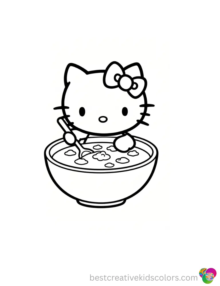 A smiling Hello Kitty in hello kitty thanksgiving coloring pages stirs a thick bowl of warm soup.