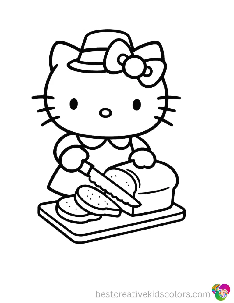 Hello Kitty slices a fresh loaf of bread safely in hello kitty thanksgiving coloring pages printable.