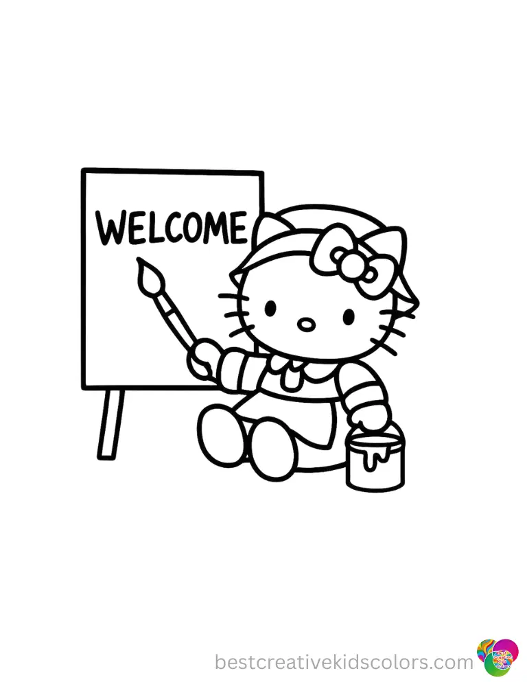 hello kitty thanksgiving coloring sheet shows Hello Kitty painting a welcome sign for her guests.