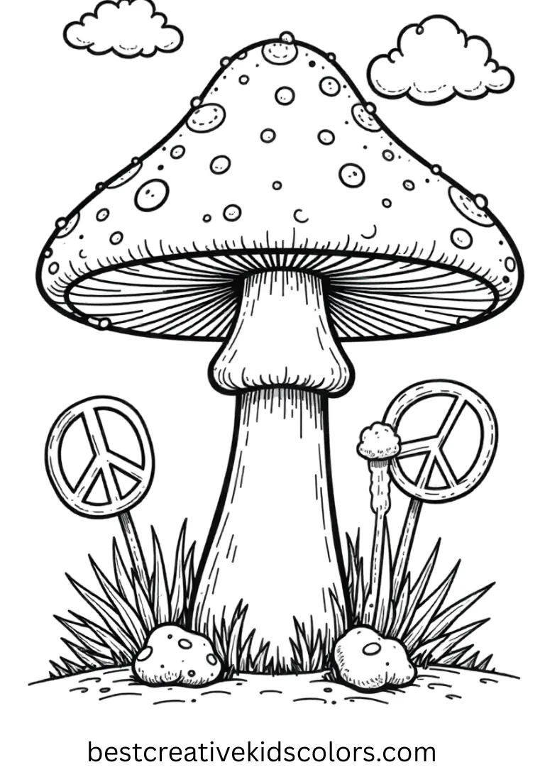 Hippie mushroom coloring page shows a mushroom surrounded by colorful peace-sign clouds.