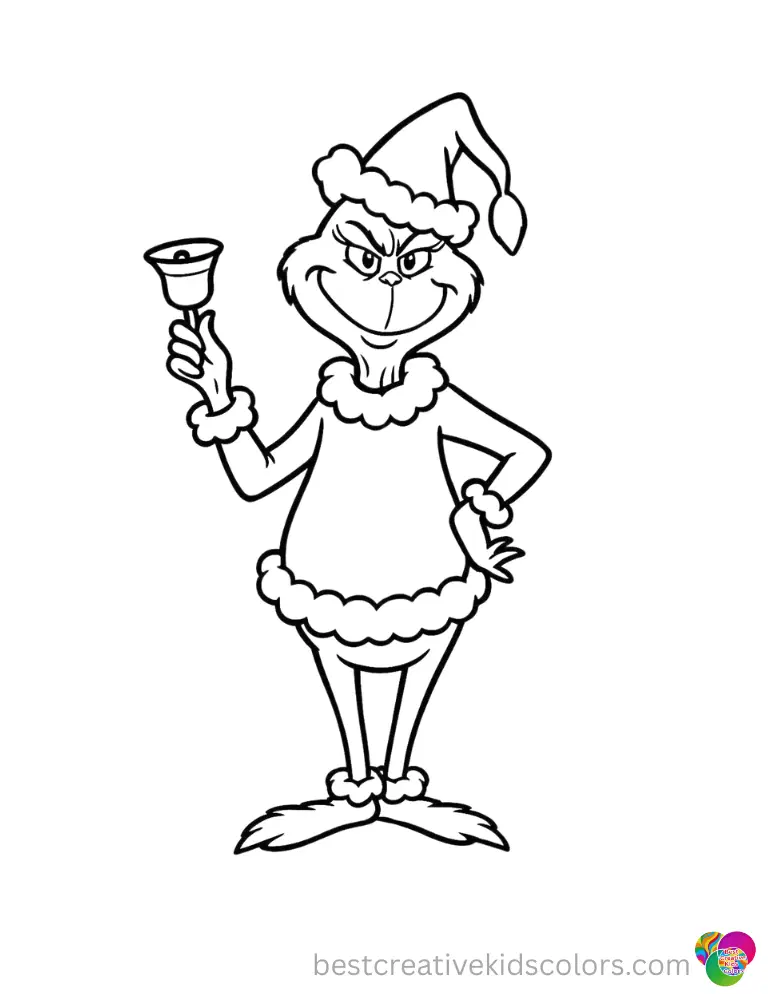 how the grinch stole christmas coloring page displays the grinch ringing a small bell.