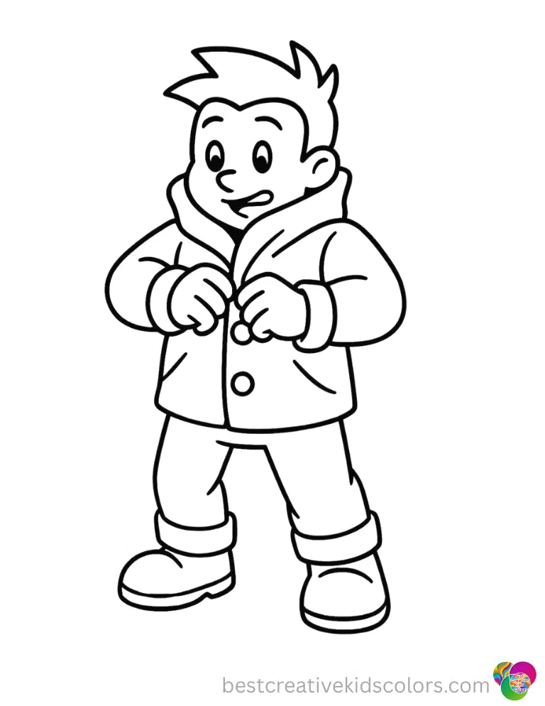 huntrix coloring page shows Huntrix quickly buttoning a thick winter coat outside.