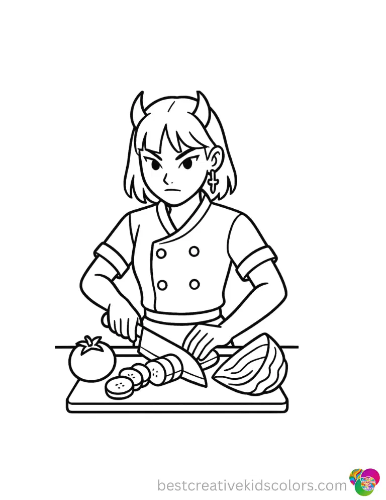 The K pop demon hunters chop fresh vegetables perfectly in k pop demon hunters coloring pages.