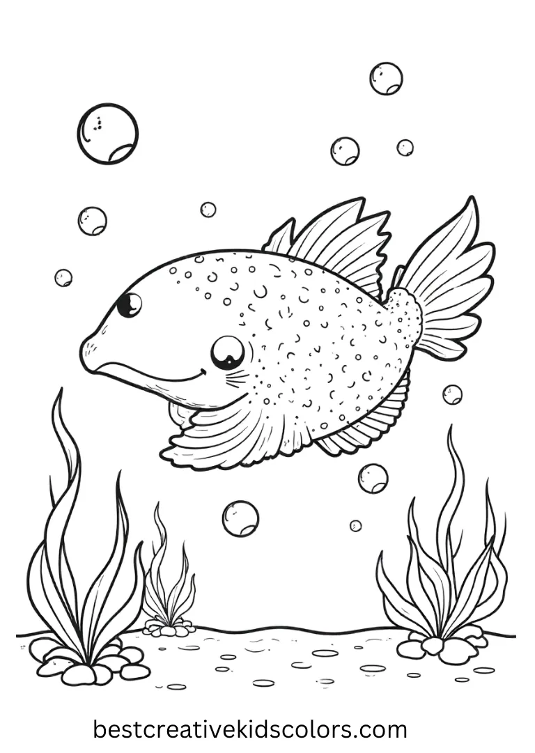 A happy axolotl swims among bubbles and aquatic plants, simple and engaging for young colorers.