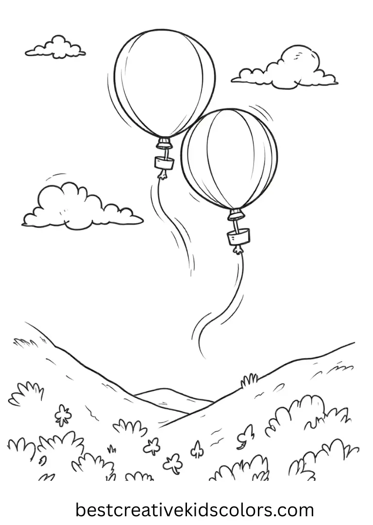 kaw Balloons float in a clean sky, simple shapes ready for young artists to color with joy.aii balloon coloring sheet