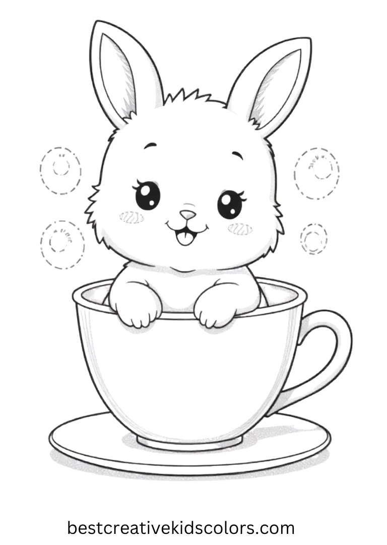 kawaii bunny in teacup printable coloring page