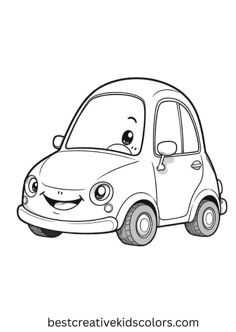 A happy car with wheels and windows moves through a simple scene for kids to color confidently.