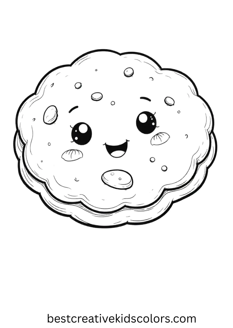 A smiling cookie with chunks is easy to color and fun, offering simple outlines for beginners.