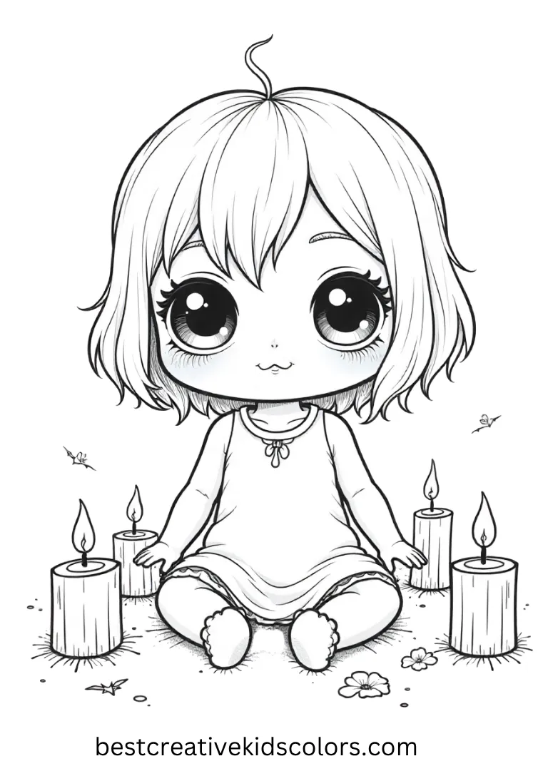 A chibi-style doll with big eyes sits among floating candles, spooky yet adorable for young artists.