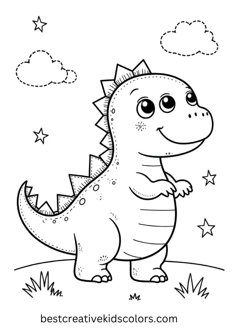 A round-eyed dinosaur with a spiky tail stands among stars and clouds in a simple fun scene.