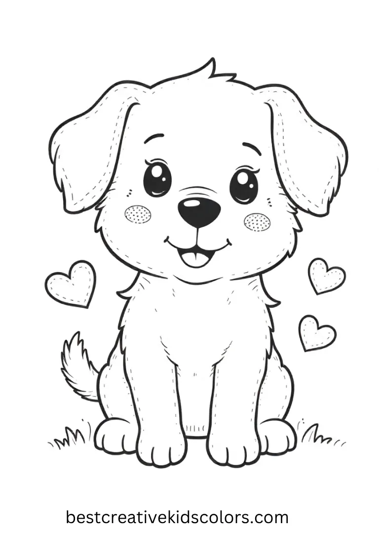 A happy puppy with soft round shapes and hearts floating around, perfect for kids to fill with bright shades.