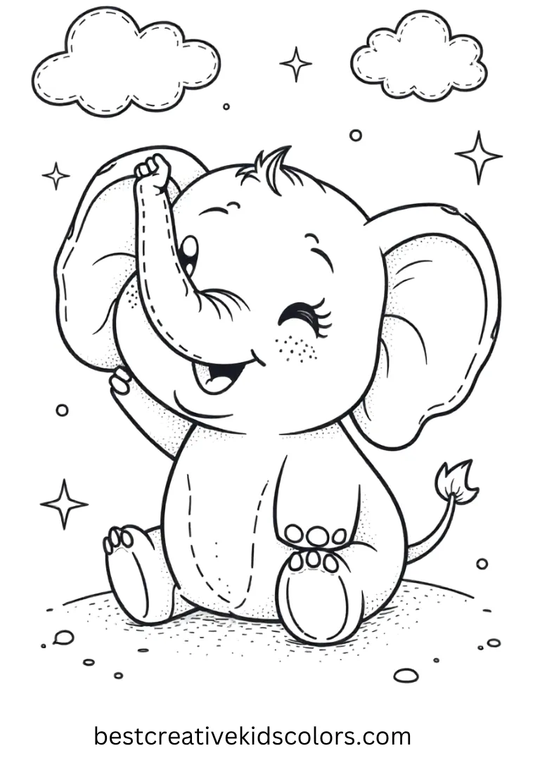 A happy baby elephant raises its trunk surrounded by clouds and stars, making coloring simple and fun.
