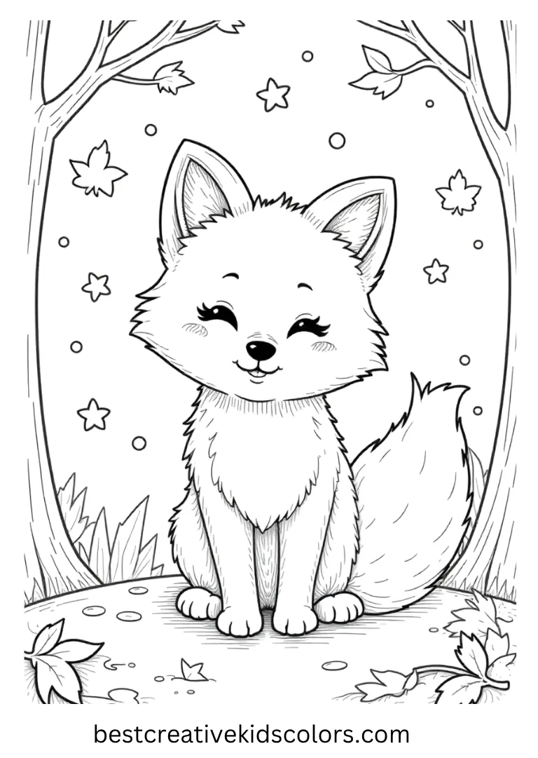 A fluffy fox sits in falling leaves and twinkling stars, a magical forest scene for kids to enjoy coloring.