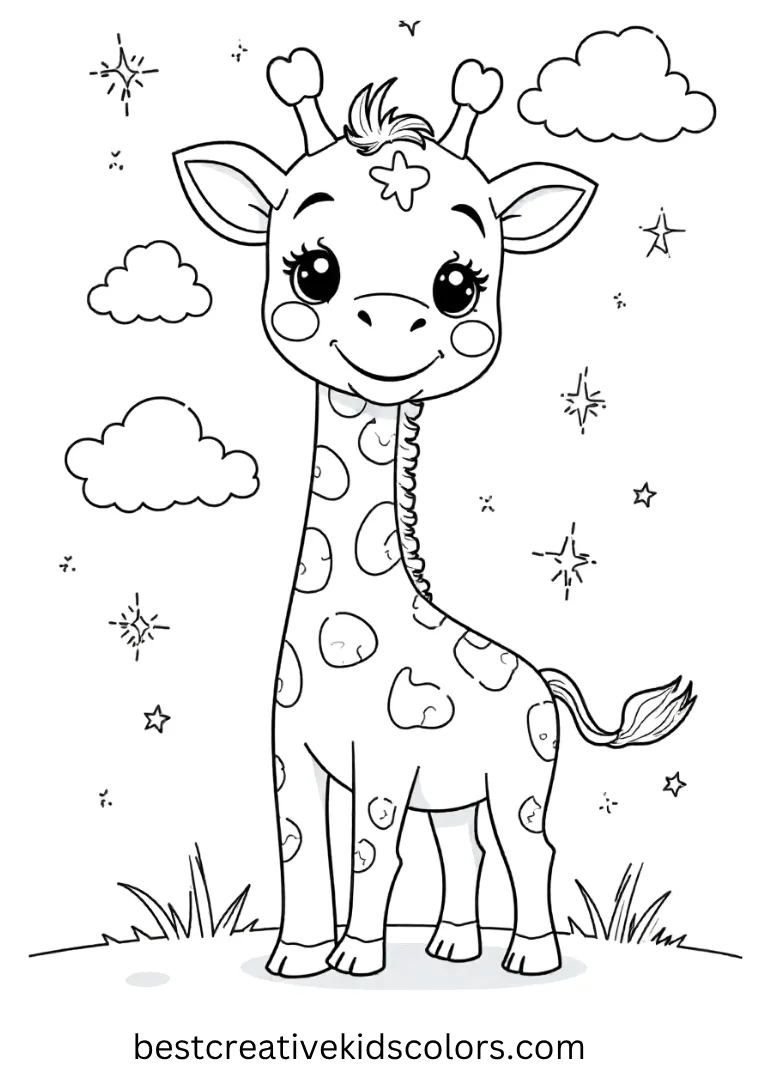 A small giraffe with a long neck smiles among stars and clouds, designed for bright and easy coloring.