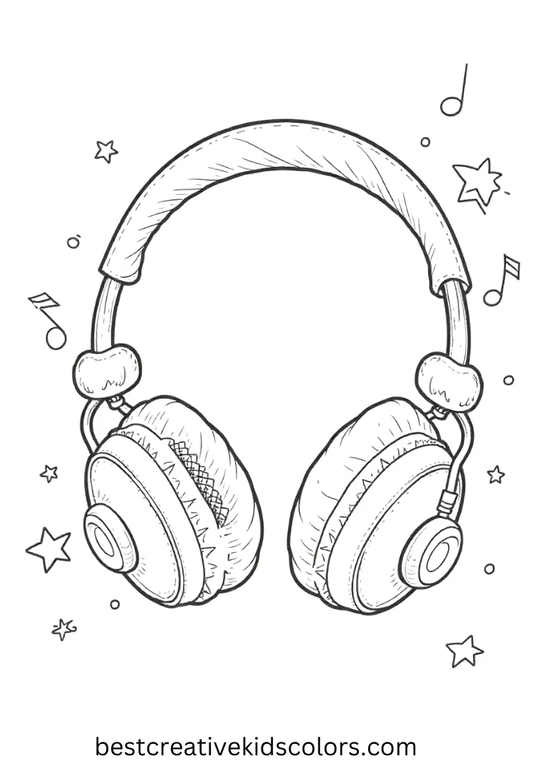 A pair of smiling headphones surrounded by music notes and stars, easy for children to fill with color.