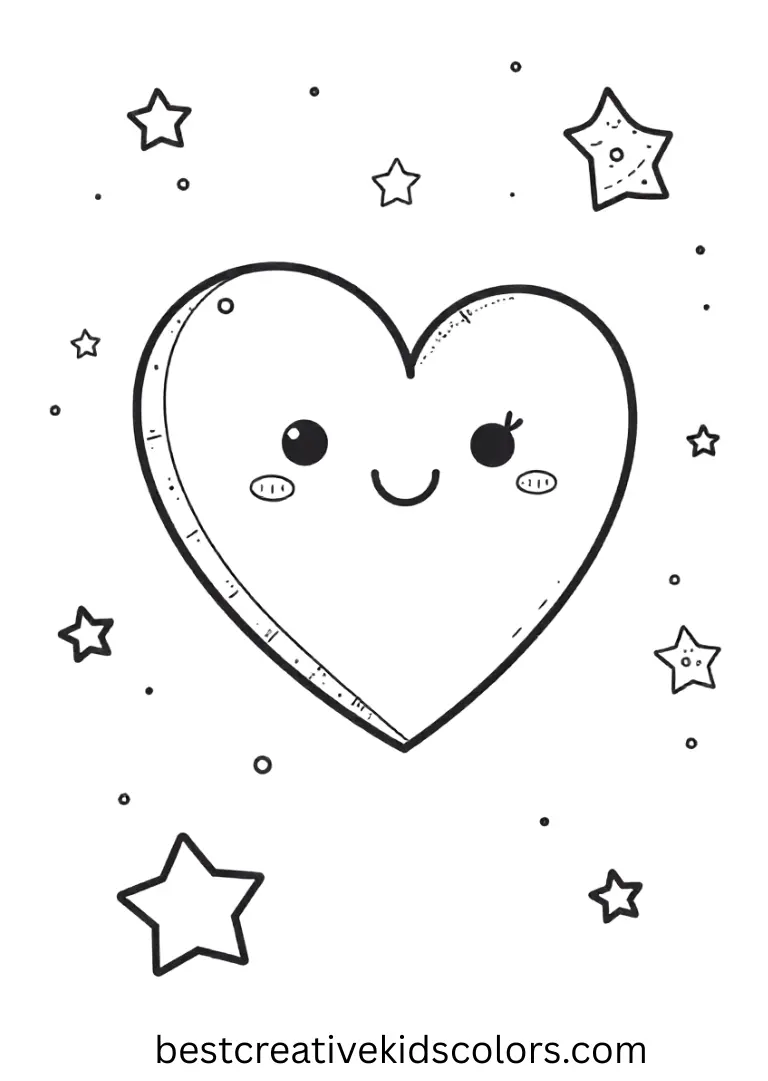 A happy heart floats in the sky with stars, perfect for kids to color gently and playfully.