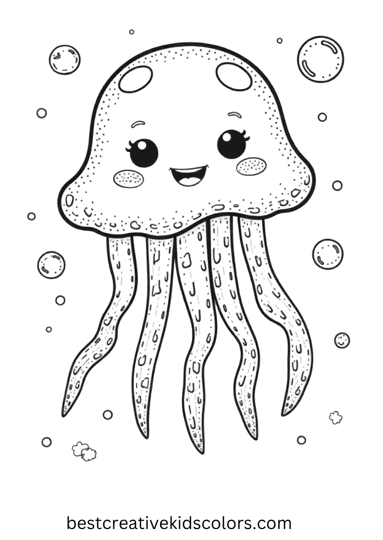 A smiling jellyfish floats gently with large tentacles and bubbles, a fun underwater scene for kids.