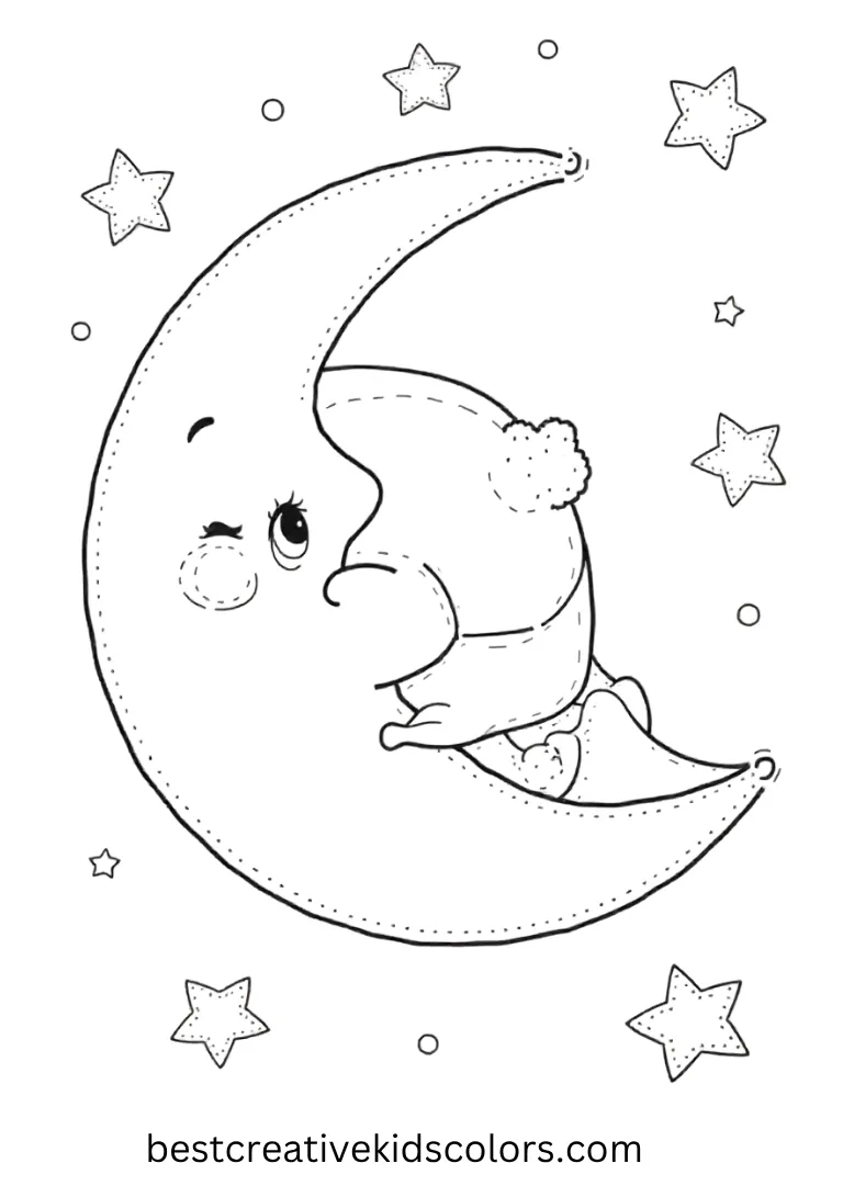  A sleepy crescent moon with a soft hat rests among stars, perfect for bedtime coloring scenes.