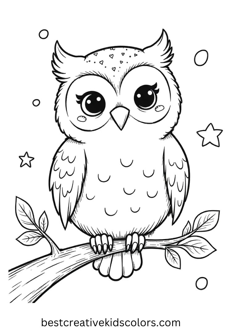 A cute owl perched on a branch with round feathers and stars, making coloring calming and fun.