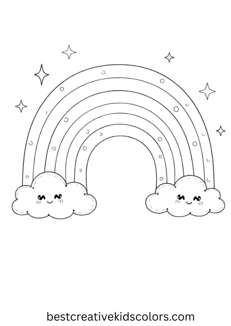 Wide rainbow stripes float across the sky, surrounded by small clouds and sparkles for playful coloring.