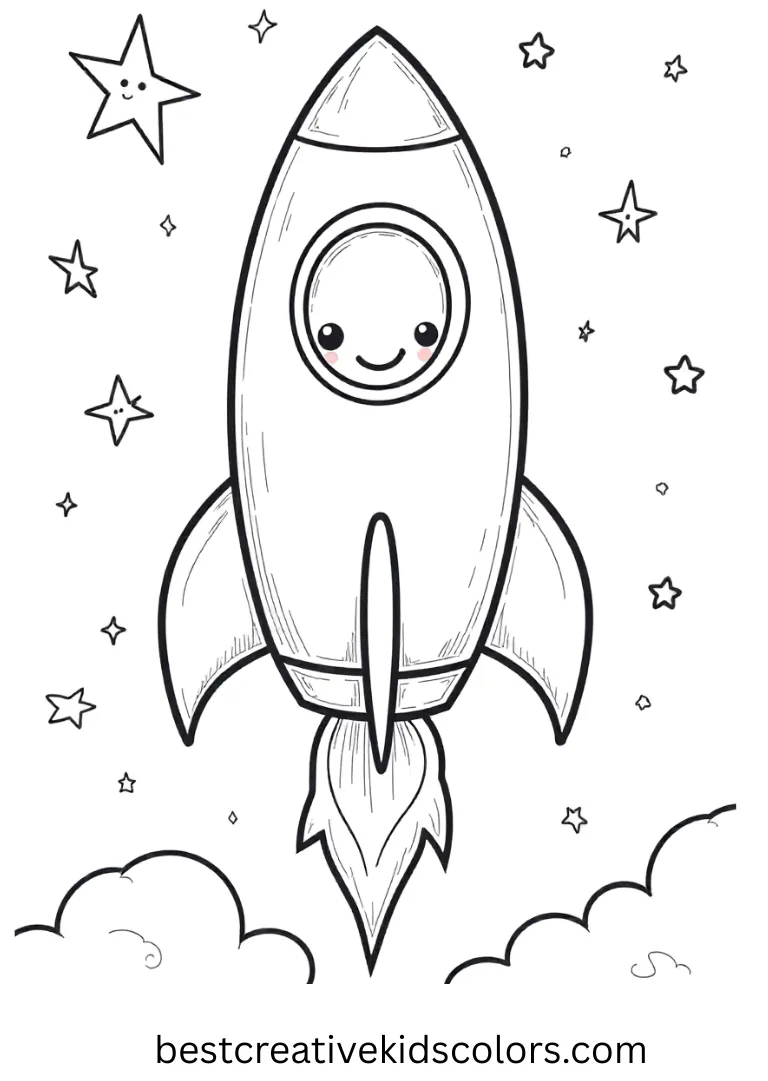 Blast off with a friendly rocket among stars and clouds, designed for wide, easy coloring spaces.