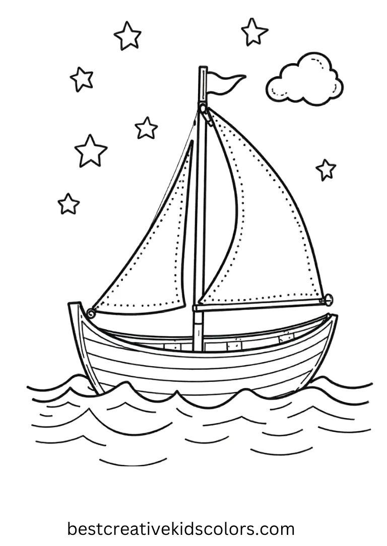 A happy sailboat rides soft waves with stars above, providing simple shapes for young colorers.