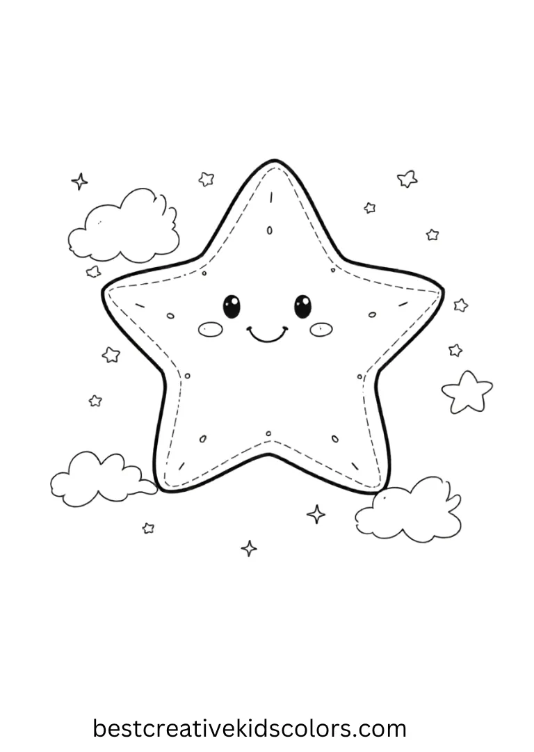A cheerful star shines brightly among small clouds and hearts, perfect for fun, easy coloring.
