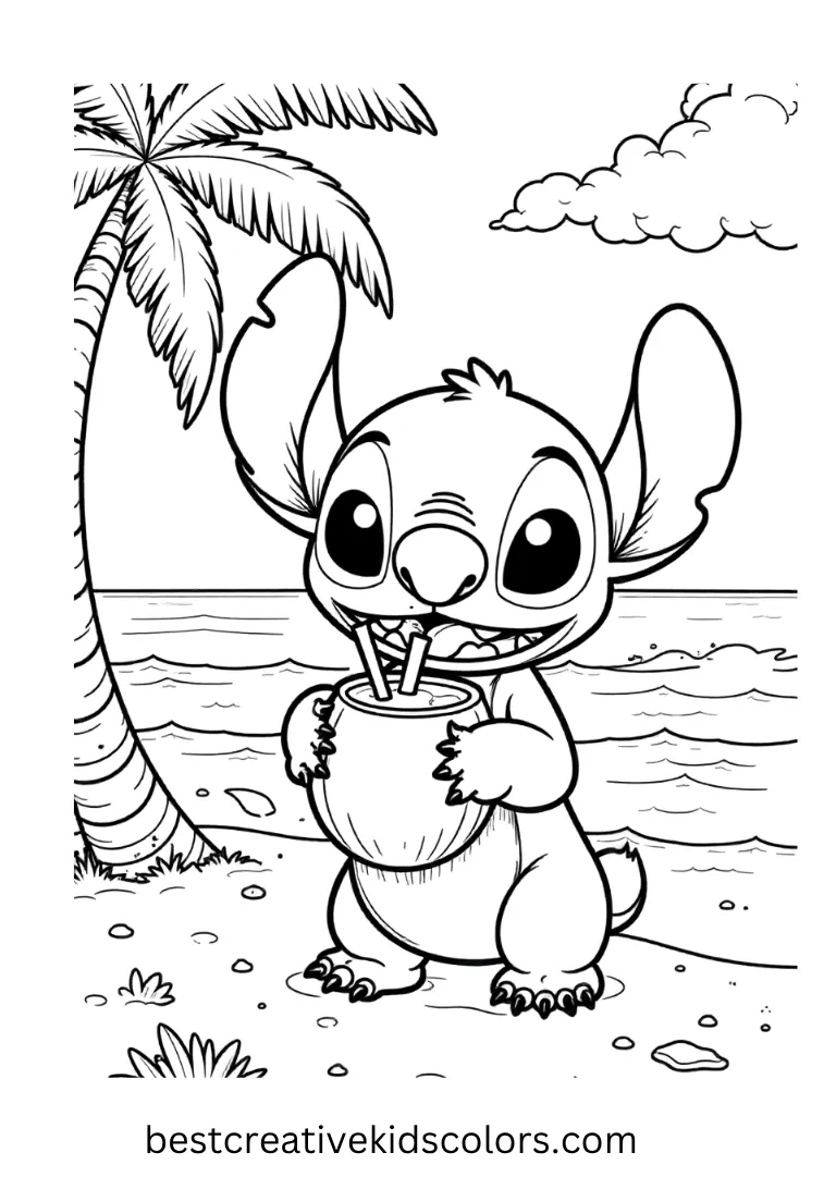 Stitch enjoys a coconut drink on the beach with palm trees and playful waves around him.