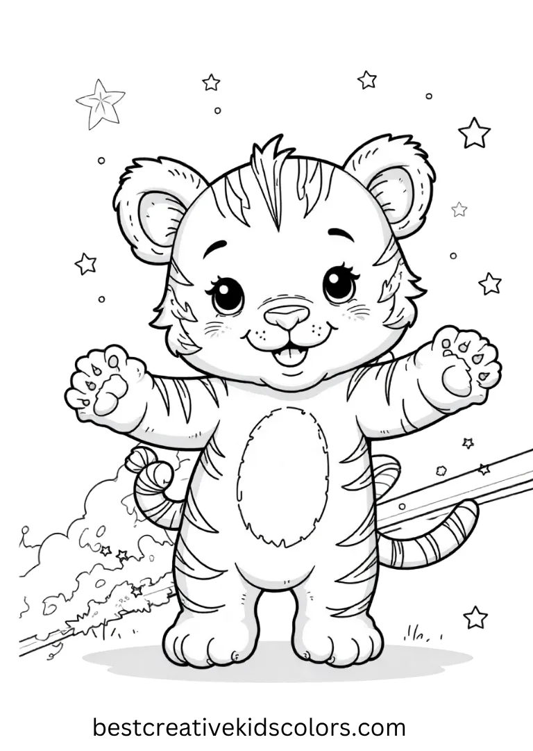 A cheerful tiger cub with soft stripes dances in a simple starry scene ready for bright colors.