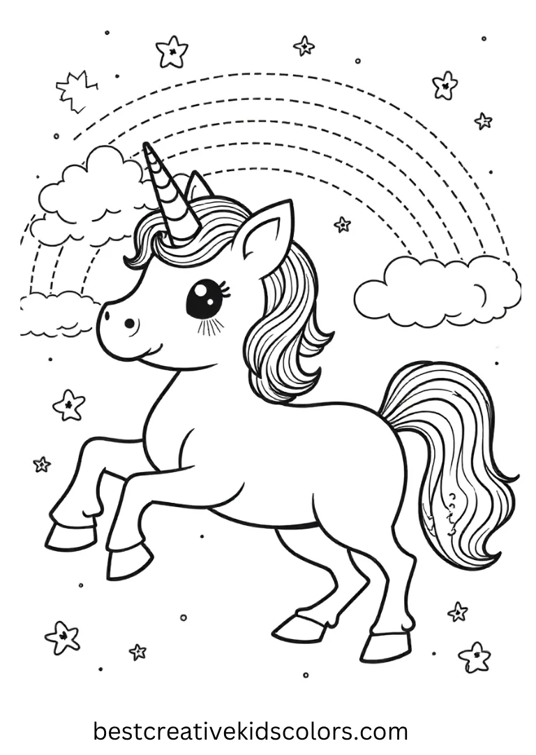 A magical unicorn under a rainbow with sparkles and clouds, perfect for easy, imaginative coloring.