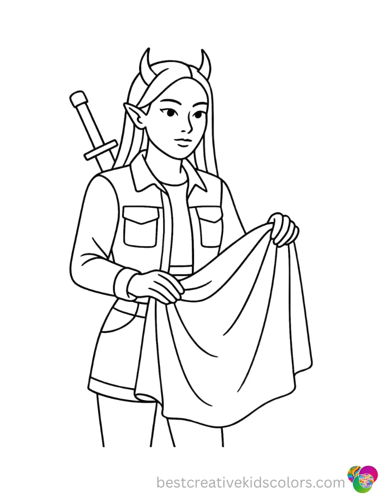 kpop demon hunter coloring pages shows a Kpop demon hunter folding a wool blanket.
