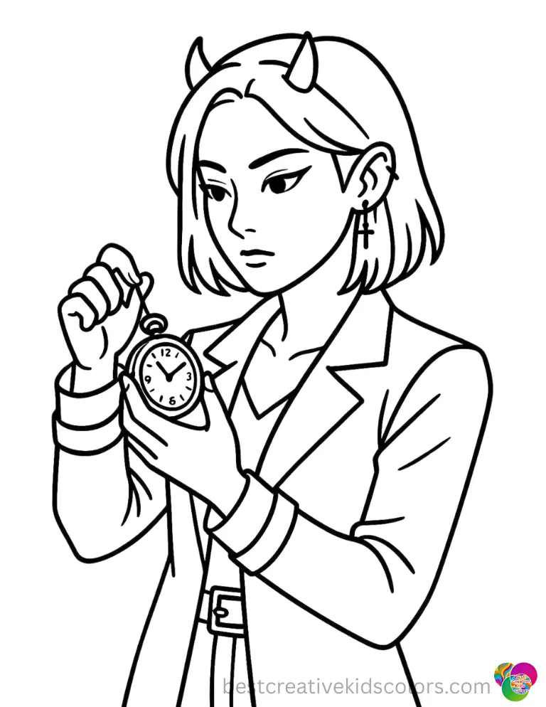 A Kpop demon hunter gently winds a pocket watch in kpop demon hunter printable coloring pages.